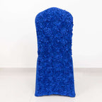 Satin Rosette Chair Cover for Banquet Chairs Royal Blue - Stretch Fitted Slip-On Slipcover