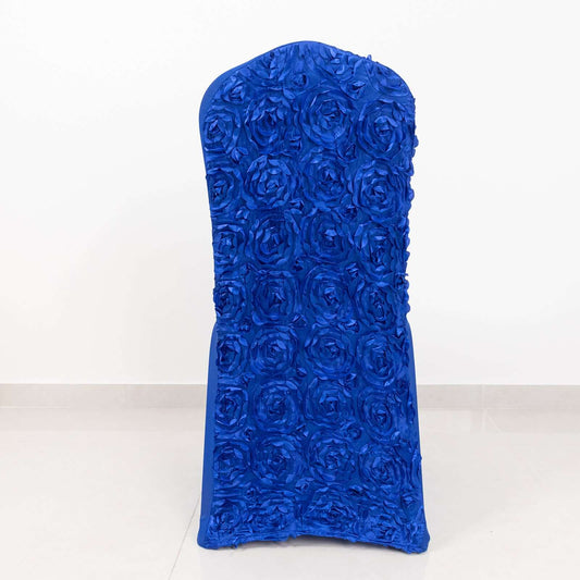 Satin Rosette Chair Cover for Banquet Chairs Royal Blue - Stretch Fitted Slip-On Slipcover