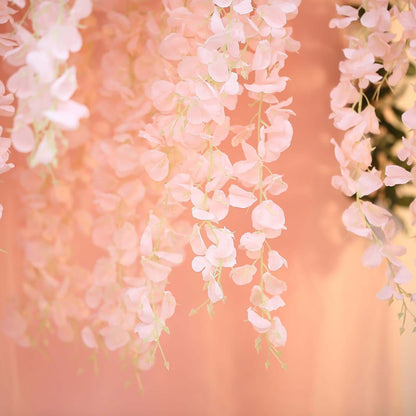 42" Silk Hanging Wisteria Flower Garland Vines in Blush, Elaborated 5 Full Strands in 1 Bush