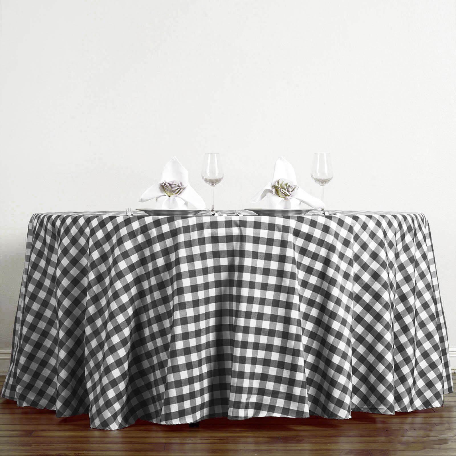 Polyester 120" Round Tablecloth White/Black Seamless - Checkered Buffalo Plaid Design for Stylish Celebrations