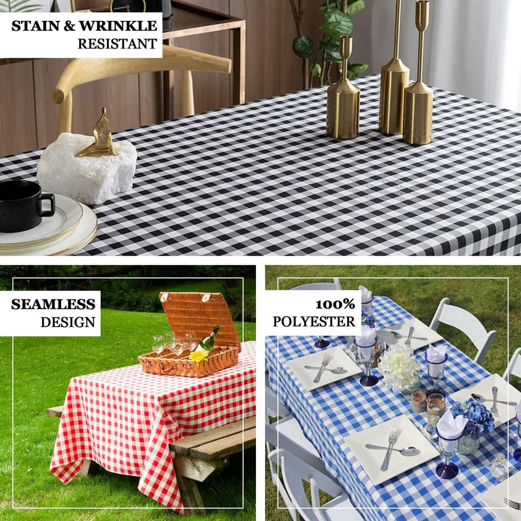 Polyester 90"x156" Rectangle Tablecloth White/Black - Seamless Checkered Buffalo Plaid Design for Rustic Occasions