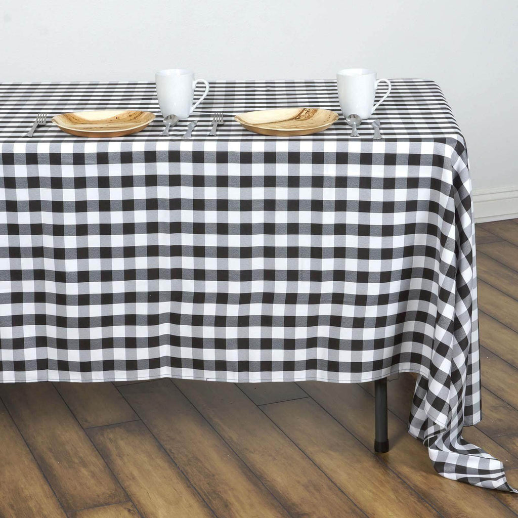 Polyester 60"x126" Rectangle Tablecloth White/Black - Stylish Checkered Buffalo Plaid Design for Farmhouse Themes