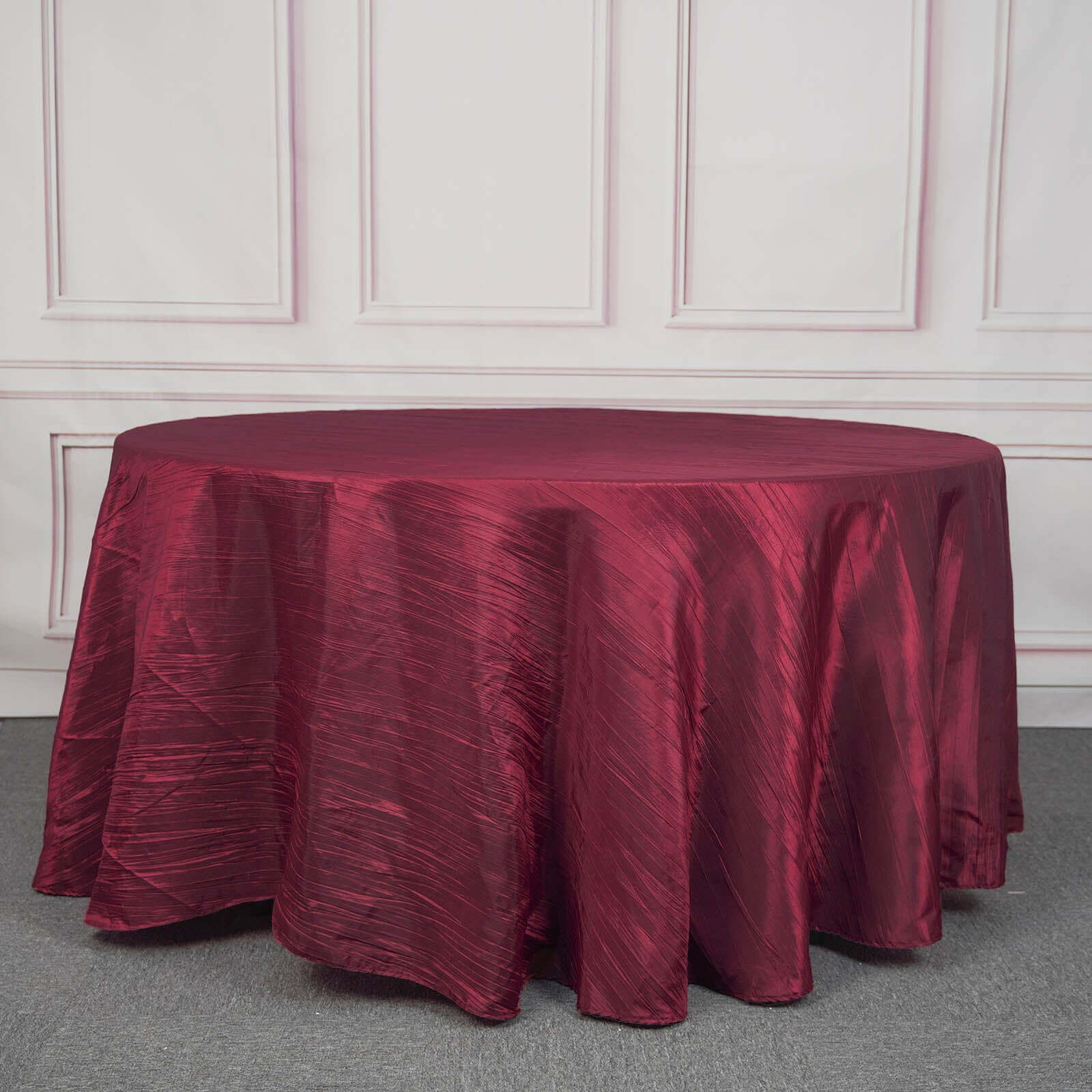 Taffeta 120" Round Tablecloth Burgundy - Seamless Accordion Crinkle Table Cover