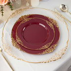 10-Pack Plastic 10" Round Dinner Plates in Burgundy with Gold Leaf Embossed Rim - Disposable Vintage Baroque Style Plates
