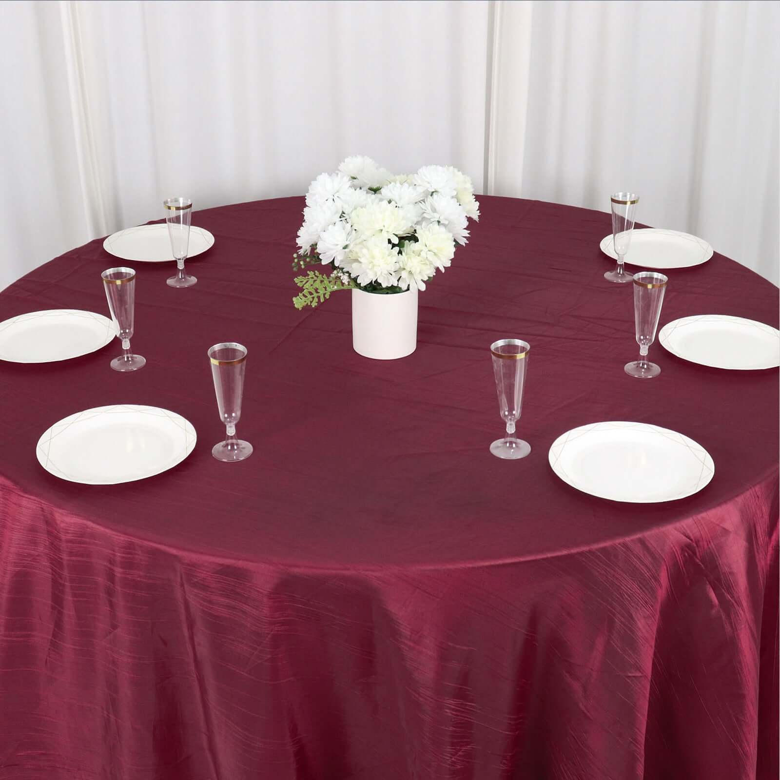 Taffeta 132" Round Tablecloth Burgundy - Seamless Accordion Crinkle Table Cover