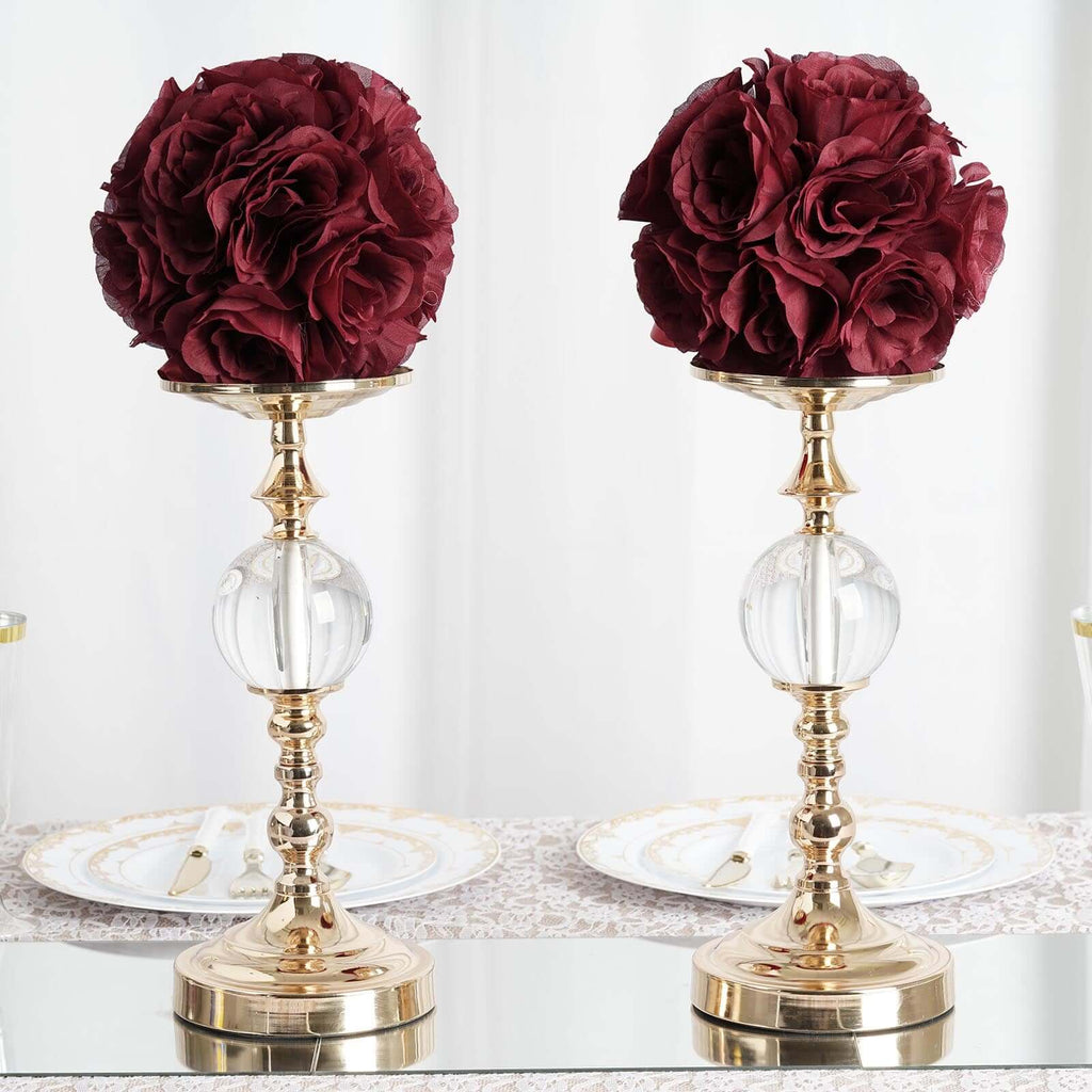 2 Pack 7" Burgundy Artificial Silk Rose Kissing Ball, Flower Ball