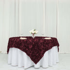 Satin 72"x72" Table Overlay Square Tablecloth Burgundy - 3D Rosette Table Cover