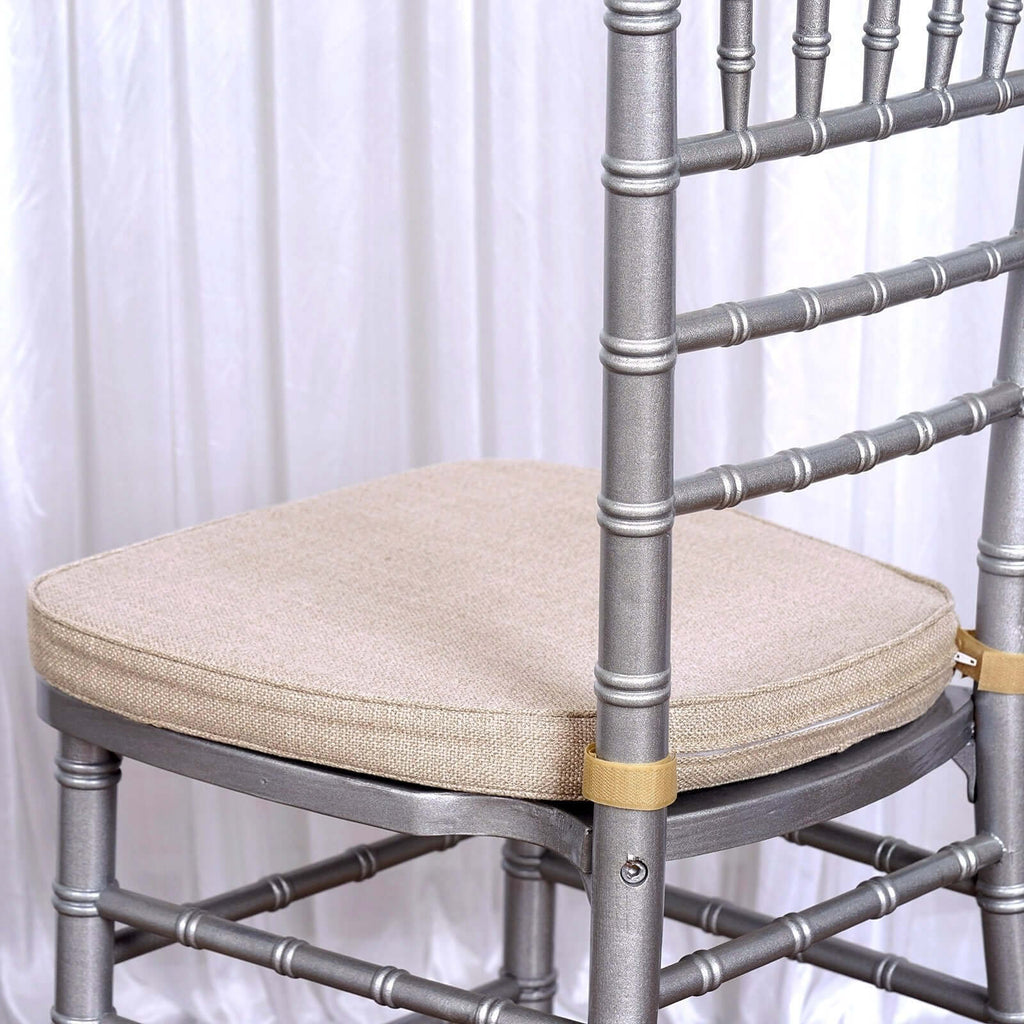 Natural Burlap Chair Cushion with Soft 2" Thick Pad and Ties - Rustic Removable Cover for Chiavari Chairs