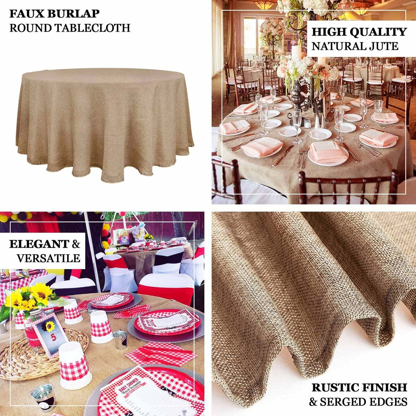 Faux Burlap Jute 120" Round Tablecloth Natural - Rustic Seamless Event Table Linen