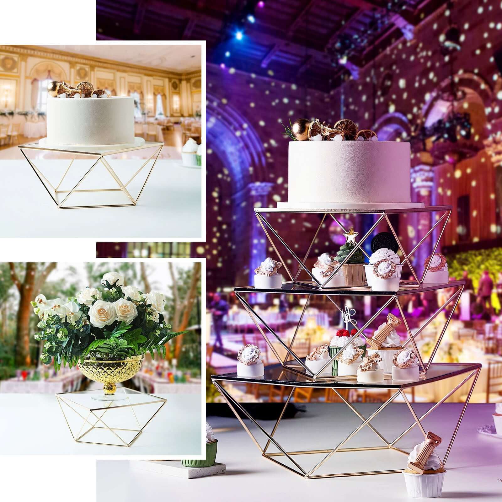 Metal Cake Stand Geometric Pedestal Riser Design Gold with Square Glass Top - Display Centerpiece 12"