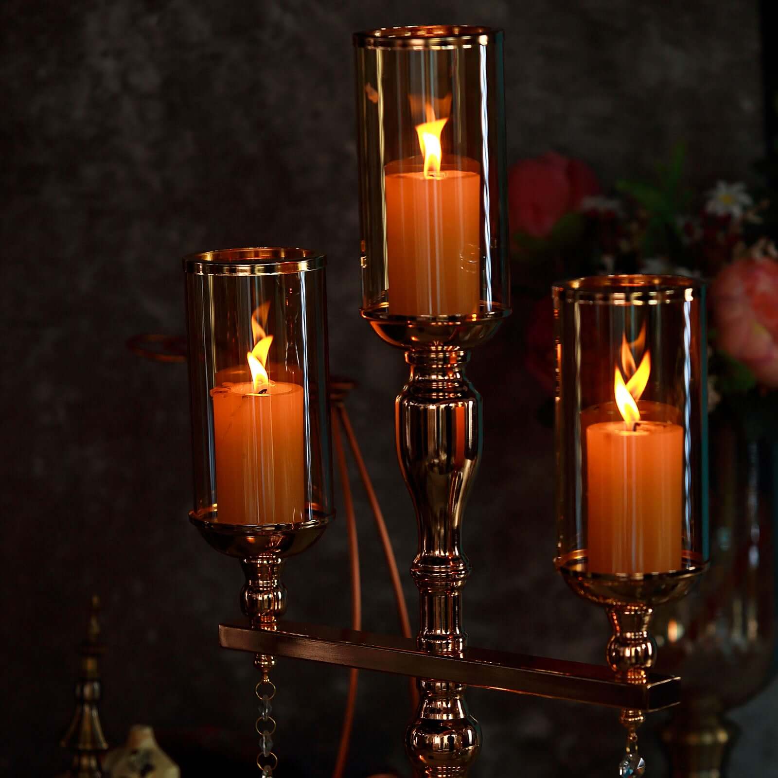 3-Arm Gold Candelabra Metal with Amber Glass Shades - Stylish Table Centerpiece for Gatherings
