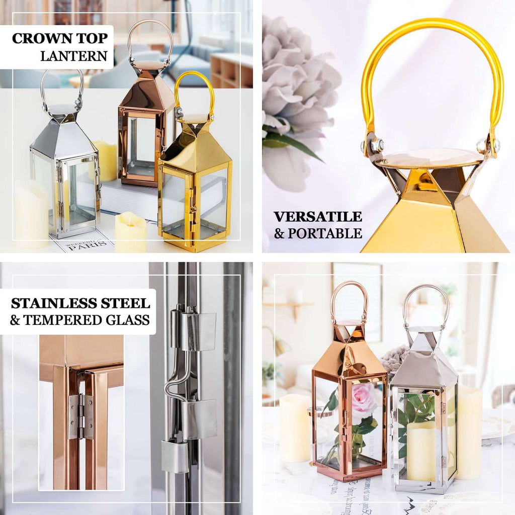 Stainless Steel Candle Lantern Crown Top Design Gold - Outdoor Metal Patio Lantern Centerpiece 8"