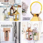 Stainless Steel Candle Lantern Crown Top Design Gold - Outdoor Metal Patio Lantern Centerpiece 8"
