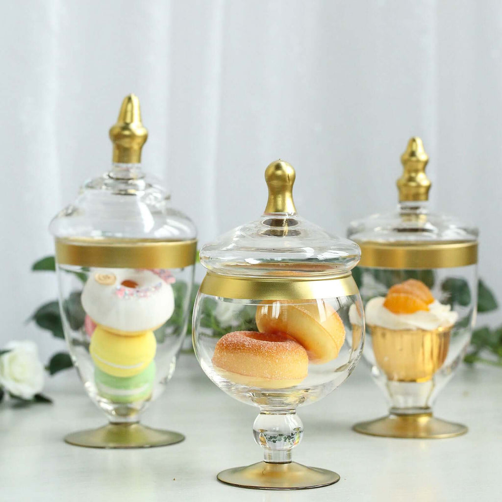 Set of 3 Glass Jars Apothecary Design Clear with Gold Trim and Snap-On Lids - Stylish Decorative Candy Buffet Storage 8.5", 9", 10"