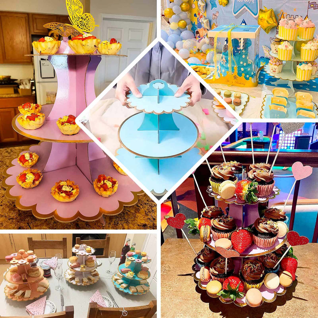 3-Tier Cardboard Cupcake Stand Light Blue - Sturdy & Collapsible Dessert Treat Tower with Gold Scalloped Rim for Baby Shower Wedding & Party Decor 13"
