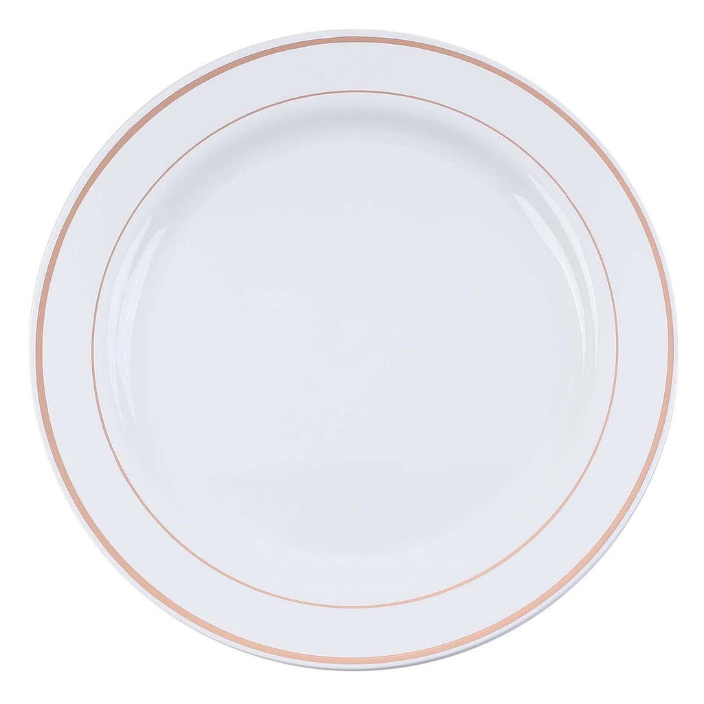 10-Pack Plastic Dinner Plates White with TrÃ¨s Chic Rose Gold Rim - Perfect Disposable Party Plates 10"