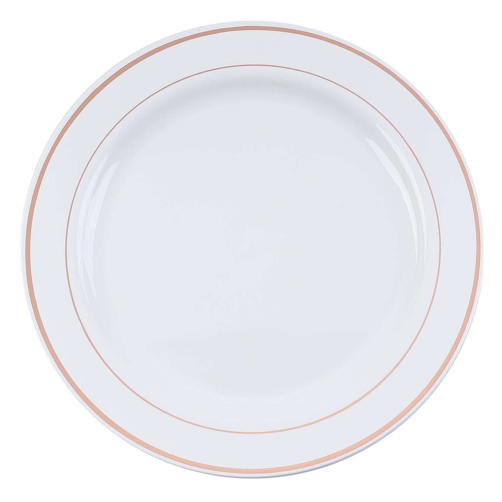 10-Pack Plastic Dinner Plates White with TrÃ¨s Chic Rose Gold Rim - Perfect Disposable Party Plates 10"