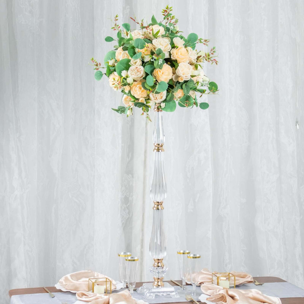 Acrylic Crystal Pillar Candle Stand Gold/Clear - Table Centerpiece and Wedding Flower Bowl Pedestal 32"