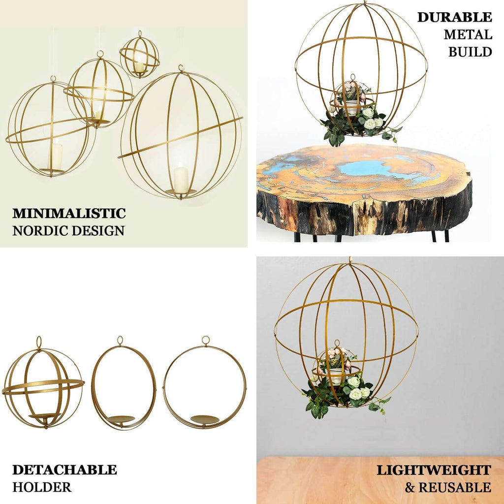 Hanging Sphere Candle Holder Gold Wrought Iron Open Frame Floral Display - Centerpiece Ball 12"