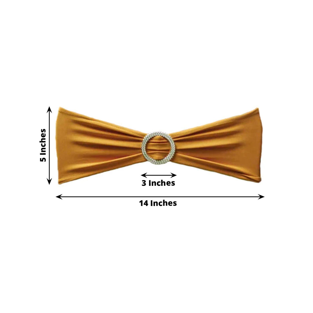 5 Pack Stretch Spandex Chair Sashes Gold - Classy Reusable Chair Bands with Silver Diamond Ring Slide Buckle 5"x14"