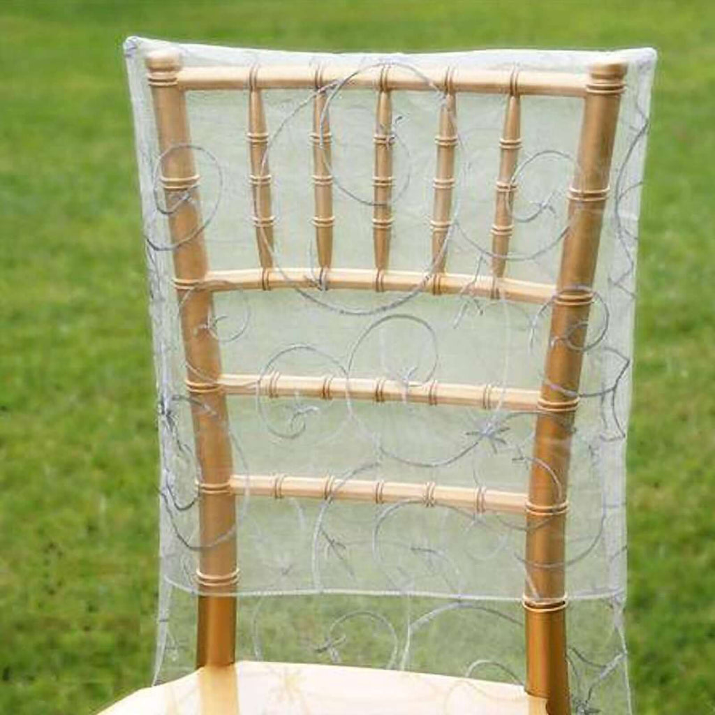 Organza Chair Slipcover with Satin Embroidery for Chiavari Chairs Silver - Chair Back Cover