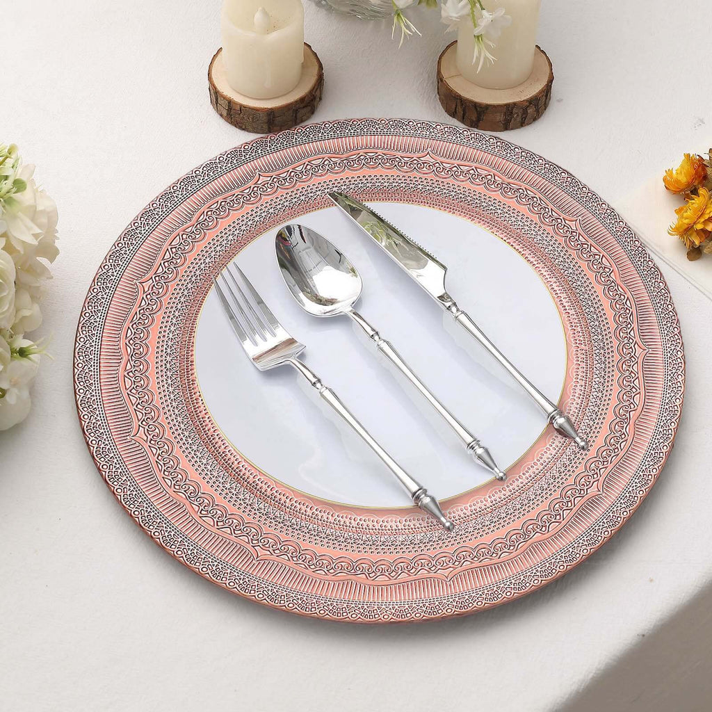 6-Pack Acrylic Round Charger Plates 13" in Rose Gold with Lace Embossed Rim, Rustic Plastic Decorative Charger Tableware