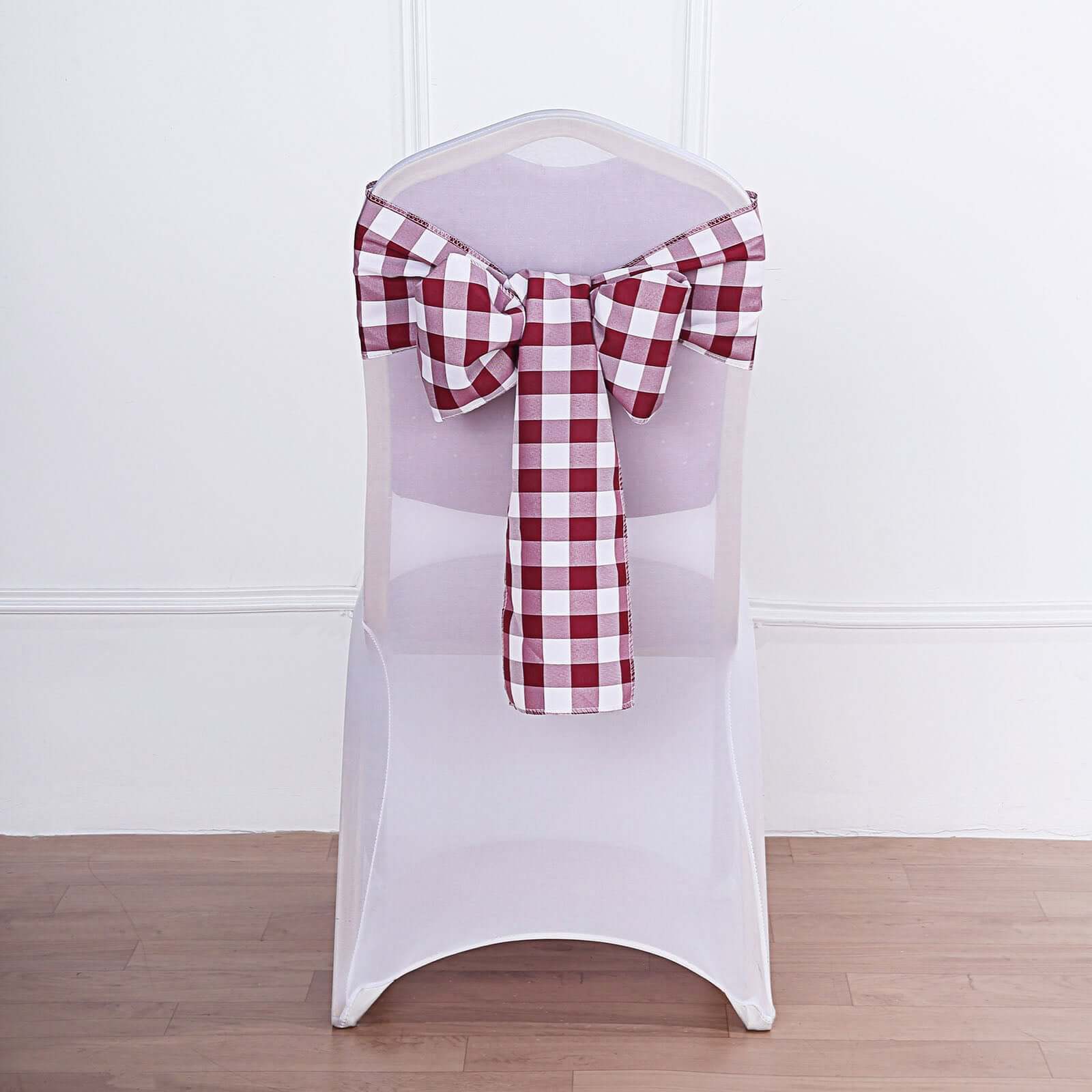5 Pack Polyester Chair Sashes Burgundy/White Buffalo Plaid - Durable & Reusable Chair Bows 6"x108"