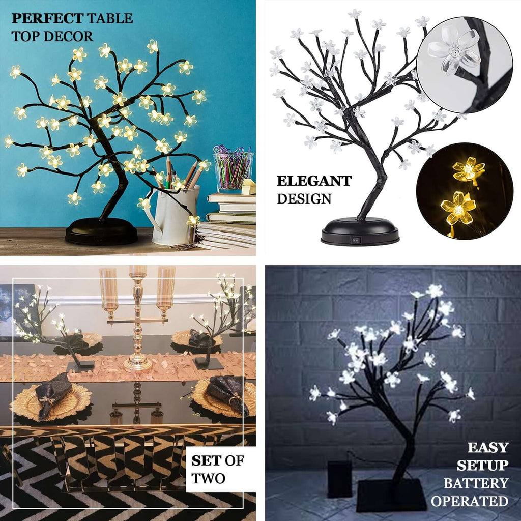 2-Pack Artificial Tree Centerpieces Cherry Blossom Design Black with 36 Warm White LEDs - Battery Operated Table DÃ©cor