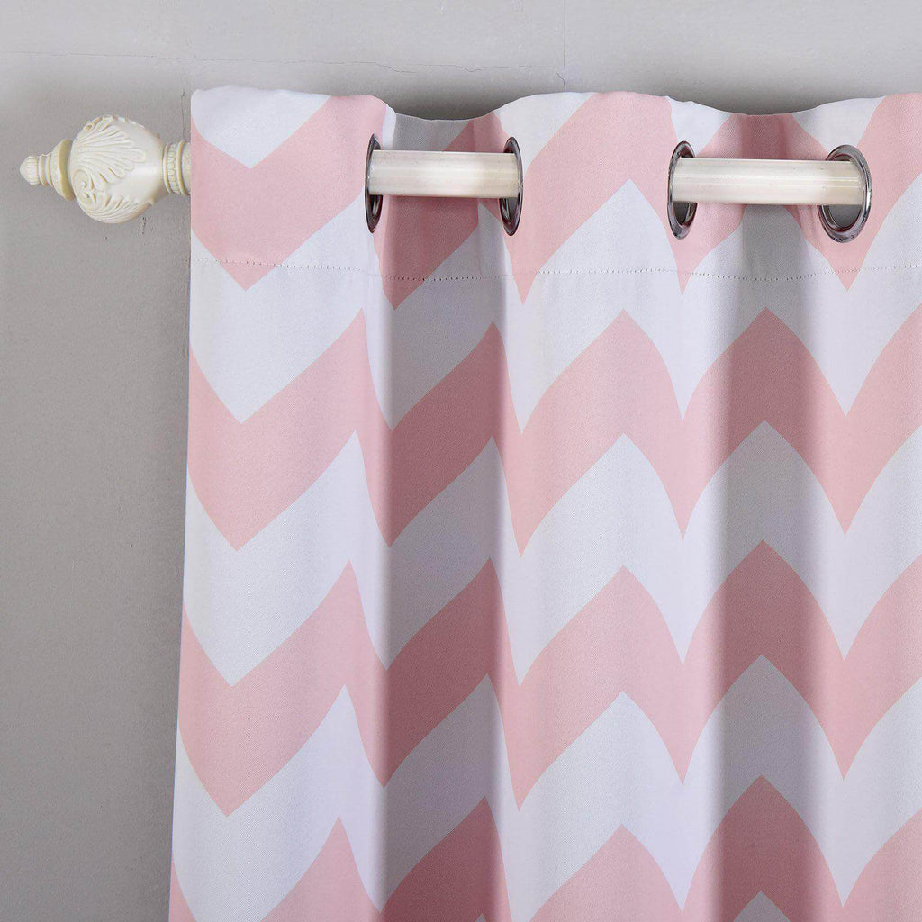 2 Pack White Blush Chevron Design Thermal Blackout Curtains With Chrome Grommet Window Treatment Panels - 52"x108"