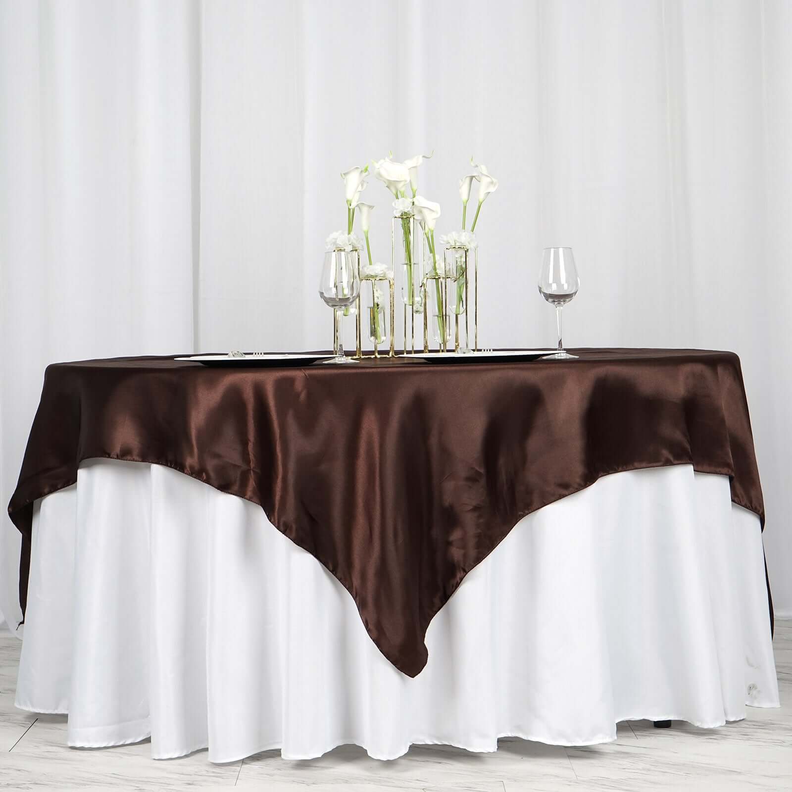 Satin 72"x72" Table Overlay Square Tablecloth Chocolate - Smooth Finish Table Cover