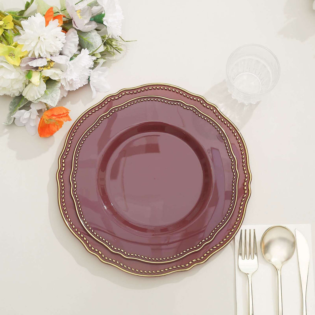 10-Pack Plastic Dinner Plates in Cinnamon Rose with Gold Scalloped Rim - Disposable Party Plates 9"