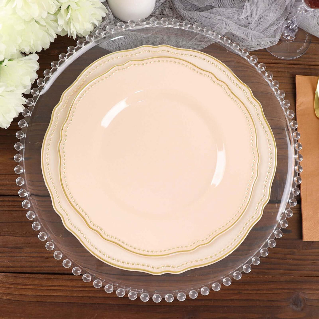 10-Pack Plastic 10" Dinner Plates in Nude with Gold Scalloped Rim - Disposable Large Party Plates