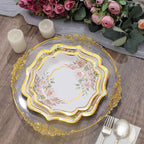 25-Pack Paper 8" Dessert Plates in White with Floral Print & Gold Scallop Rim - Disposable 300GSM Appetizer Salad Plates for Cocktail Events & Receptions