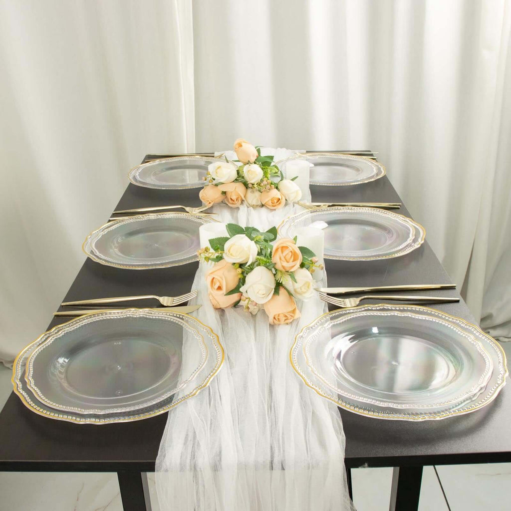 10-Pack Plastic 10" Dinner Plates in Clear with Gold Scalloped Rim - Disposable Large Party Plates