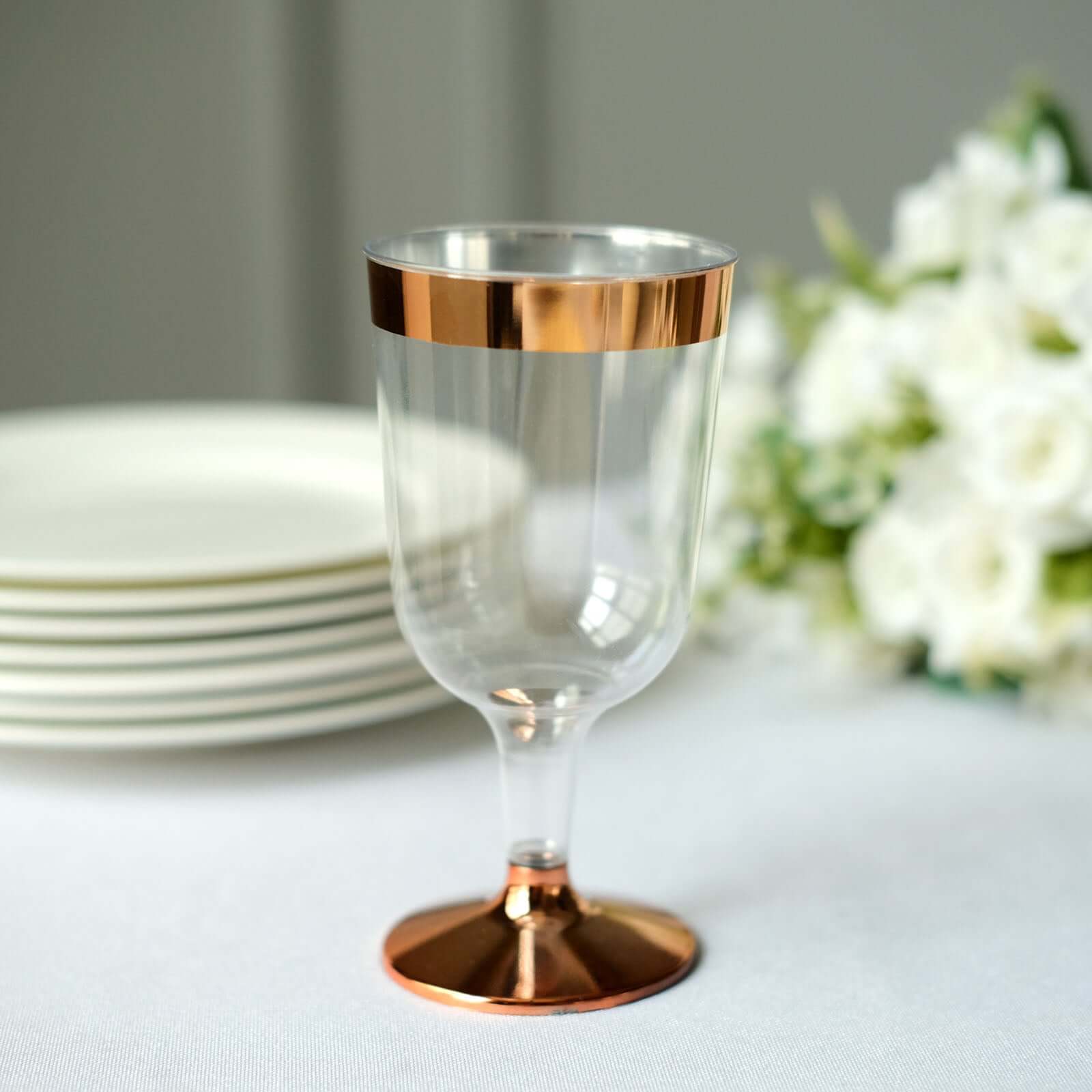 12-Pack Plastic Wine Glasses Clear with Rose Gold Rim - Classy Disposable Cups with Detachable Base for Weddings & Special Occasions 6oz