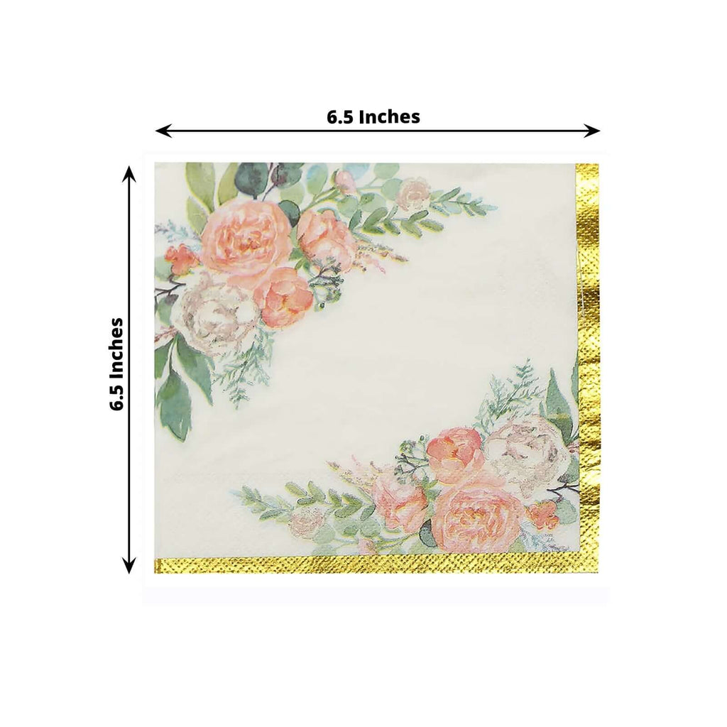 20-Pack Paper Cocktail Napkins with Pink Peony Floral Design and Gold Trim White - 2 Ply Wedding Beverage Napkins 18GSM