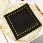 10-Pack Plastic 10" Square Dinner Plates in Black Concave Style with Gold Rim - Modern Disposable Party Plates