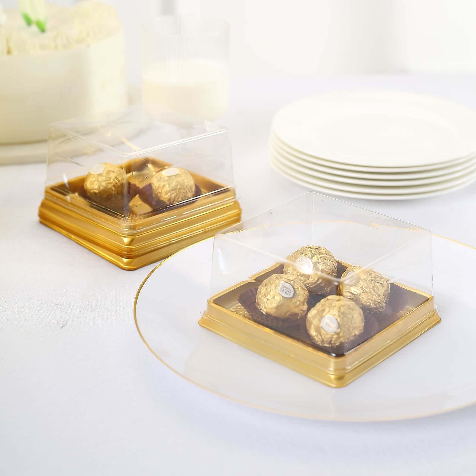 50 Pack Clear Gold Square Mini Plastic Cupcake Party Favor Boxes, Muffin Dessert Containers - 4"x4"x2.5"