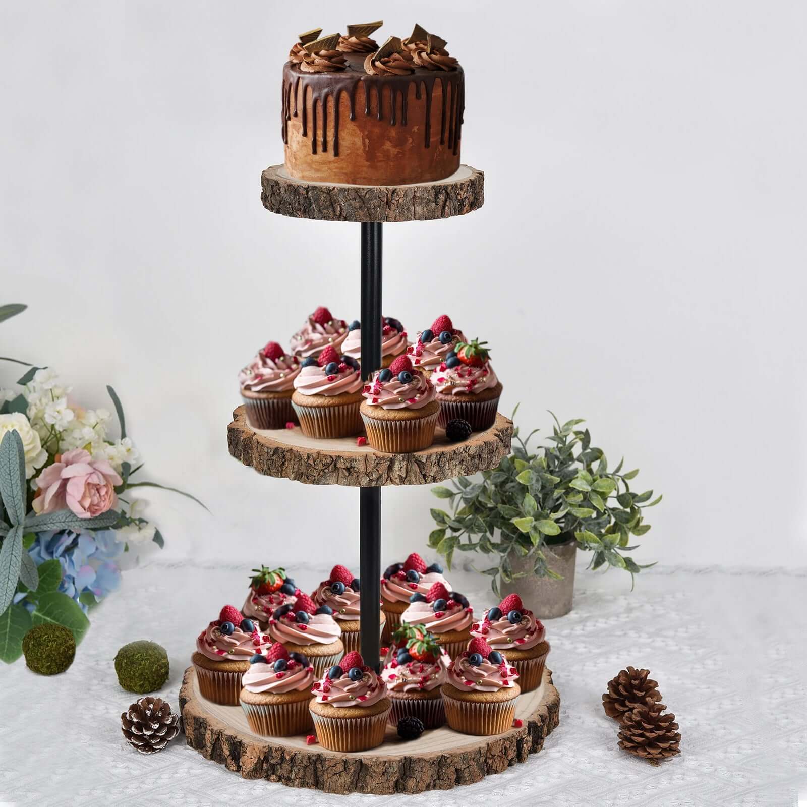 3-Tier Wooden Cheese Board Stand Tower Design Natural Wood Slice - Rustic Cupcake Centerpiece with Assembly Tools 19"