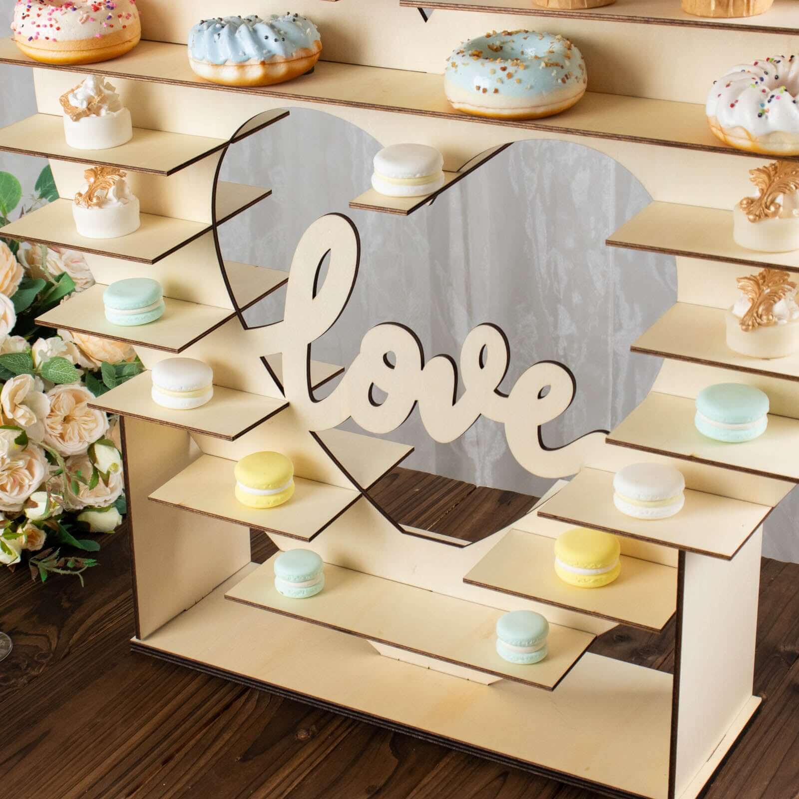 8-Layer Wooden Dessert Display Stand Heart Shaped Double Sided Design Natural - "Love" Cupcake Shelf Table Rack 26"