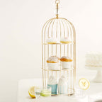 3-Tier Cupcake Cake Stand Bird Cage Design with Crystal Top Mirror Base - Serving Tray with Hanging Option 22"