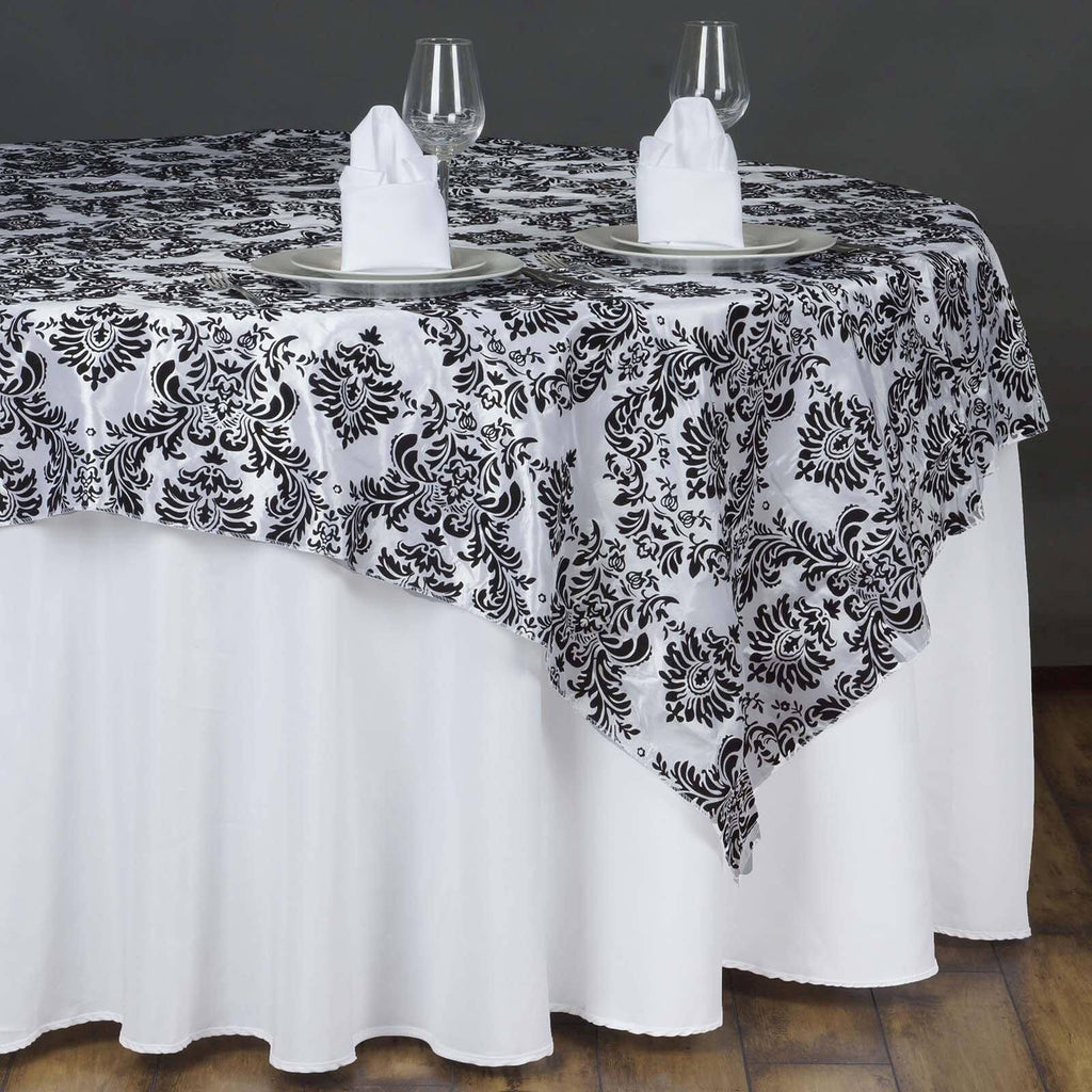 Flocking 90"x90" Table Overlay Square Tablecloth Black - Damask Design for Sophisticated Occasions