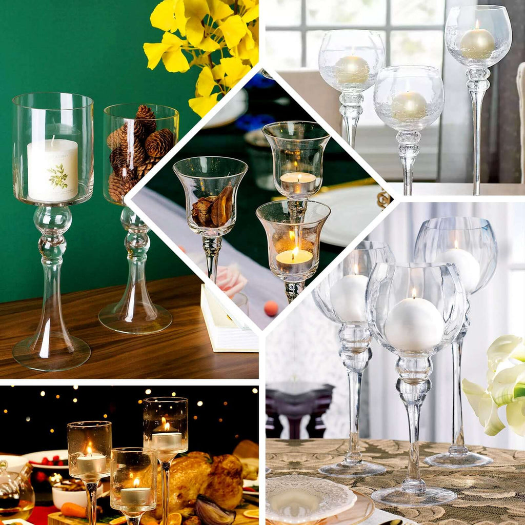 Set of 3 Glass Cylinder Vases Long Stem Clear - Decorative Candle Holder Floral Centerpieces 12", 14", 16"