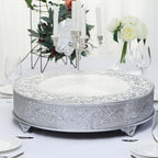 Metal 22" Round Cake Pedestal Stand Matte Silver - Cupcake Dessert Display Riser with Intricate Embossed Design for Upscale Events & Gatherings
