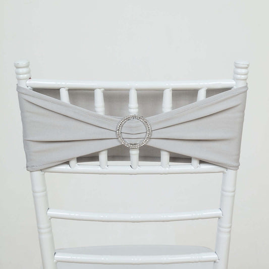 5 Pack Stretch Spandex Chair Sashes Silver - Reusable Chair Bands with Silver Diamond Ring Slide Buckle 5"x14"