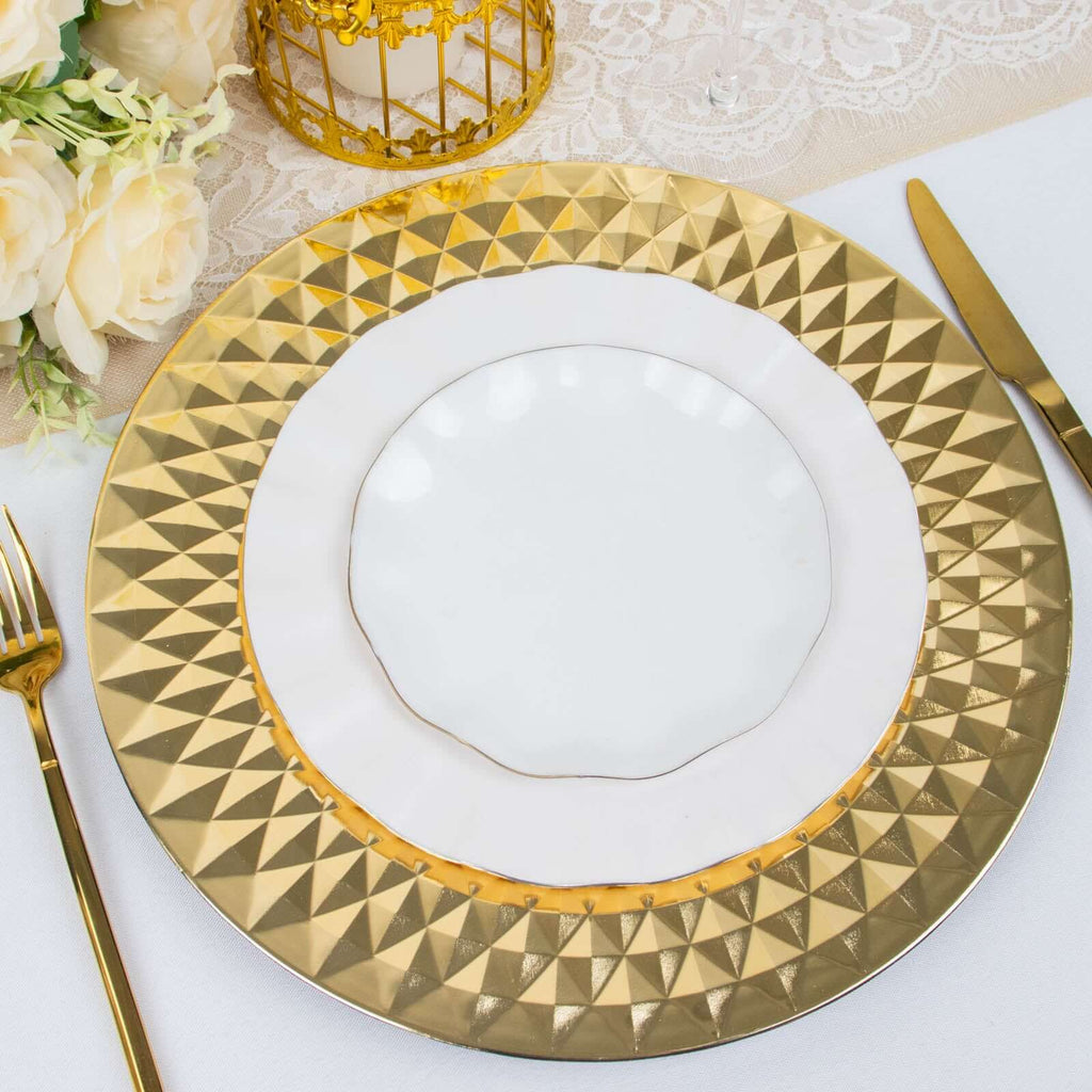 6-Pack Plastic Round Charger Plates 13" in Gold with Diamond Pattern, Sparkling Disposable Dinner Charger Tableware