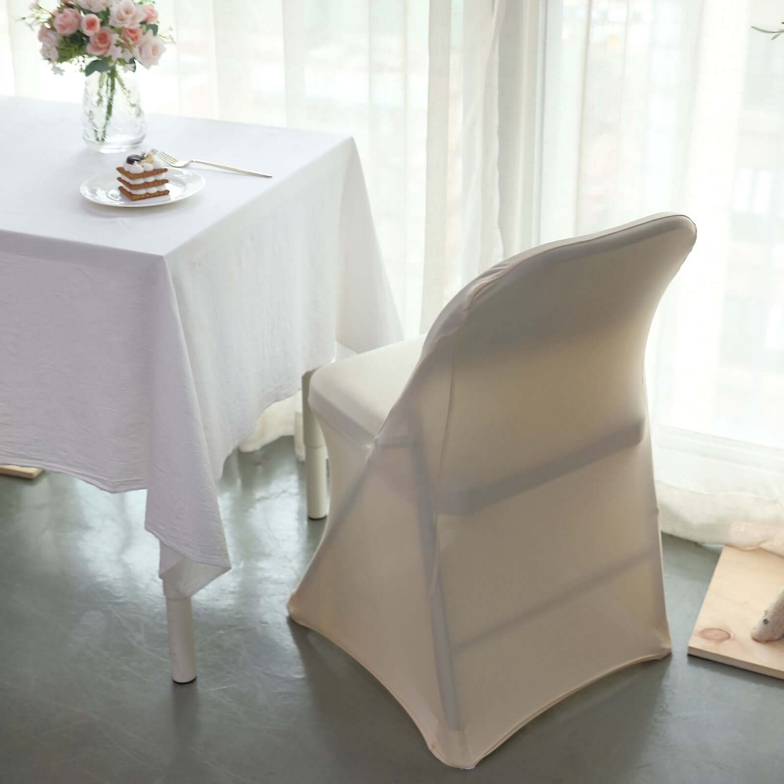 Stretch Spandex Chair Cover Beige for Folding Chairs - Reusable & Wrinkle-Resistant 160GSM Fitted Slipcover