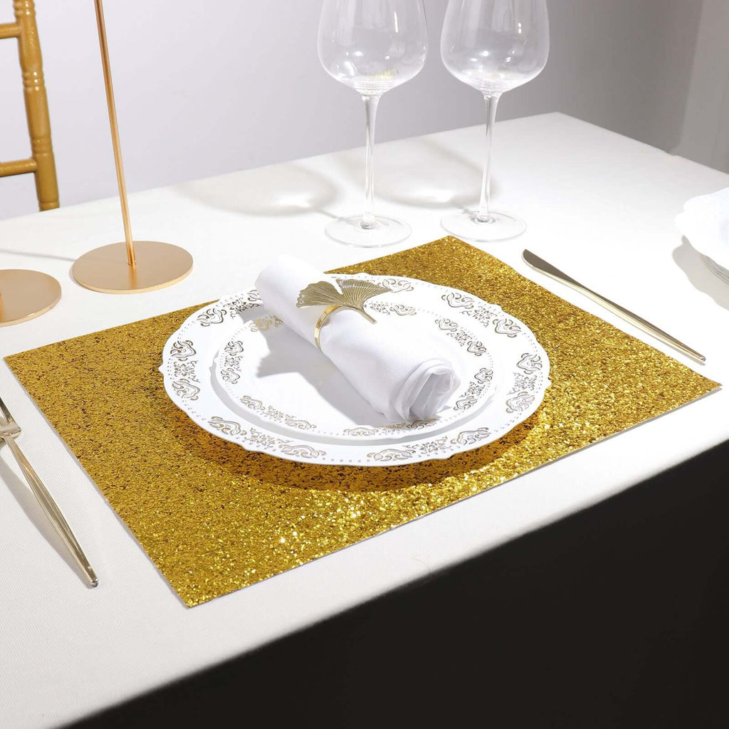 6-Pack Placemats Glitter Design Gold Sparkle Rectangle - Non-Slip Decorative Dining Table Mats 12"x18"