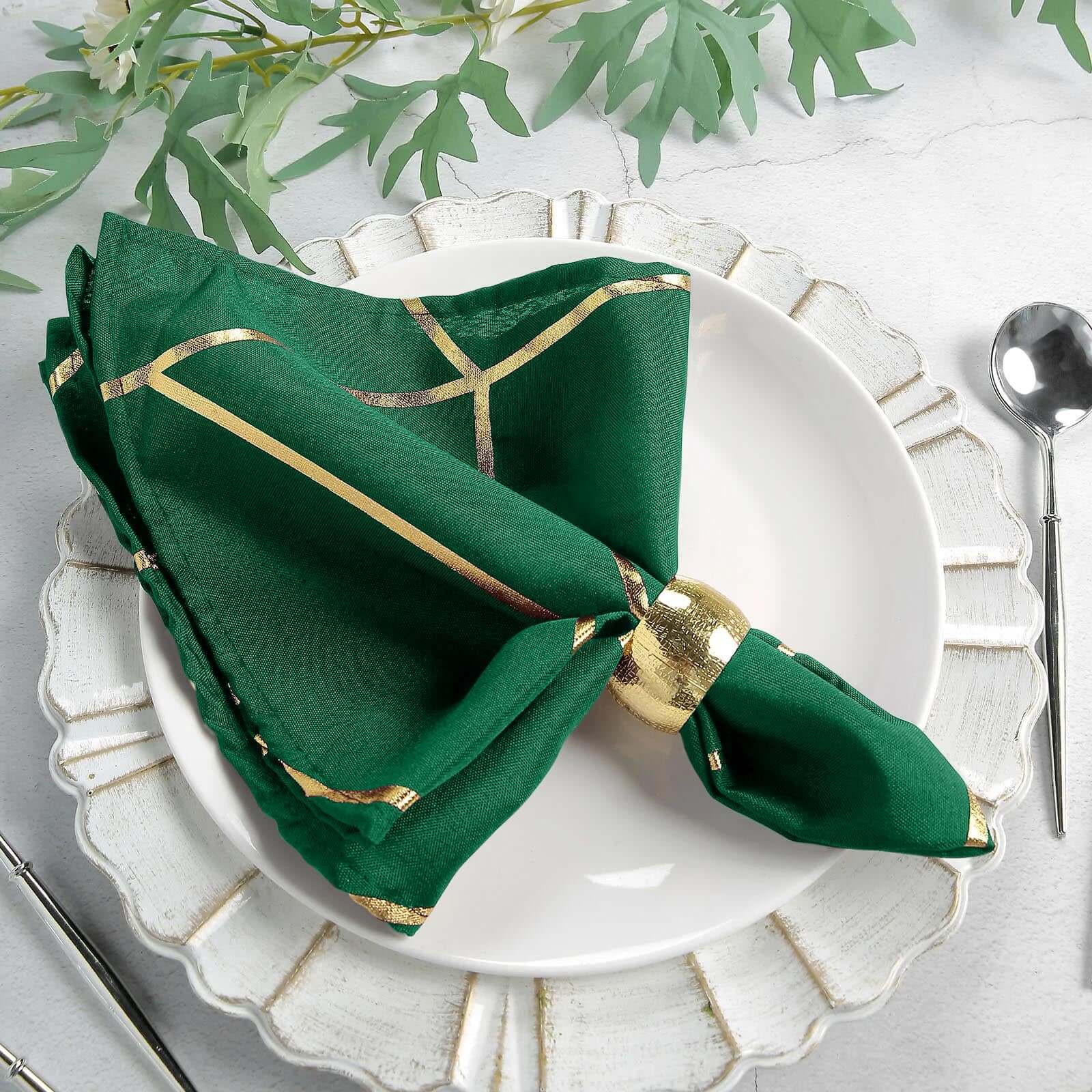 5 Pack Polyester 20"x20" Napkins Hunter Emerald Green with Gold Geometric Foil Pattern - Modern Reusable Dinner Napkins