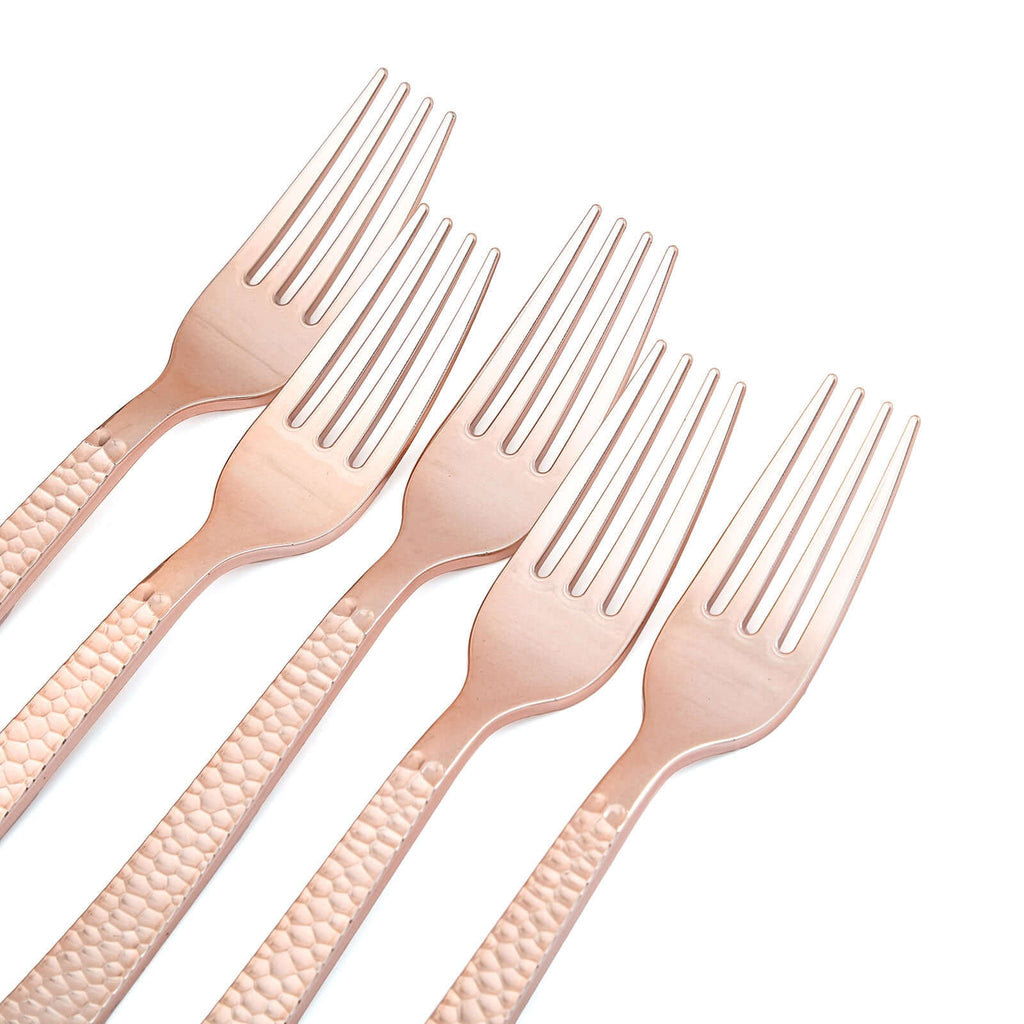 24-Pack Plastic Forks with Hammered Style Rose Gold - Heavy Duty Disposable Silverware 7"